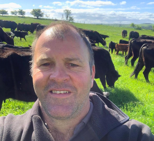 Photo of Angus Nelless in a field with cows behind him
