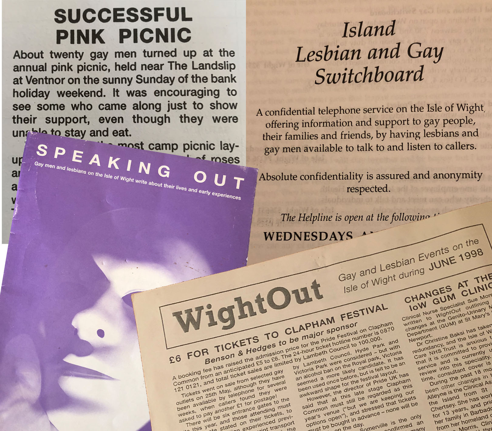 Four old archive documents – including newspapers and brochures – are photographed. They reference the Isle of Wight’s LGBTQ+ culture. 