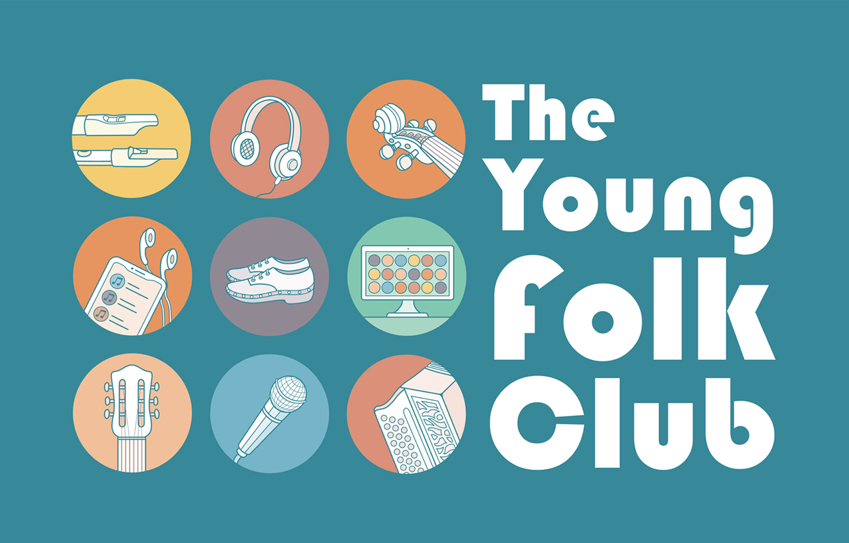 The Young Folk Club Graphic Logo, including illustrations of headphones, musical instruments, and a pair of shoes.