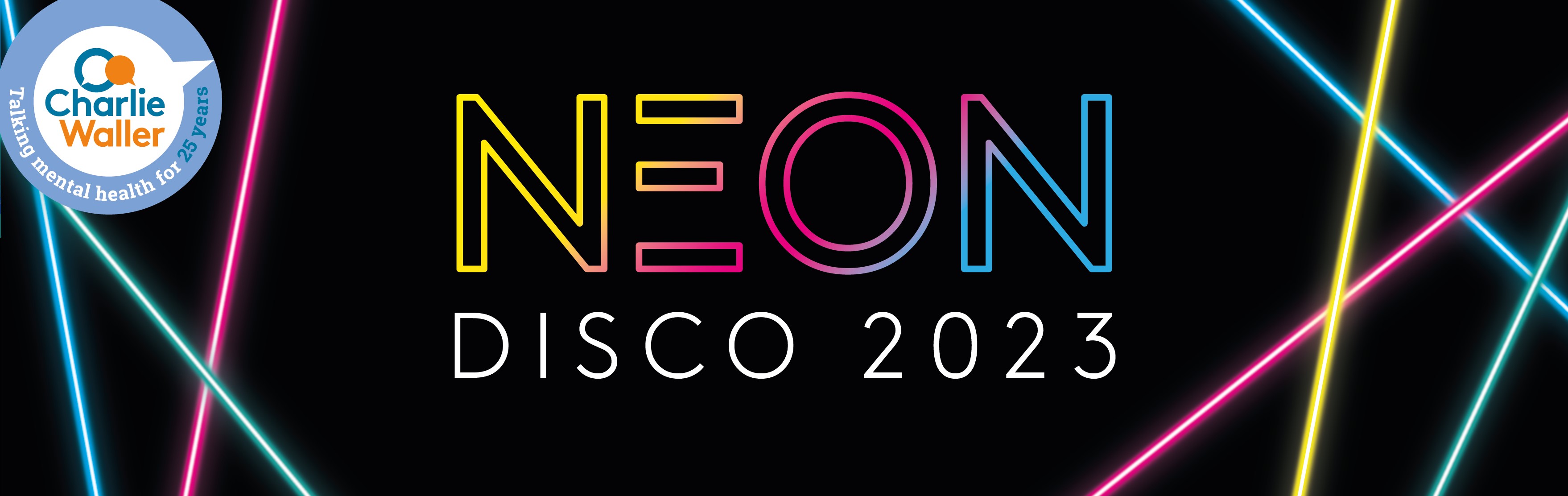Neon disco 2023 logo on black background with colourful lines