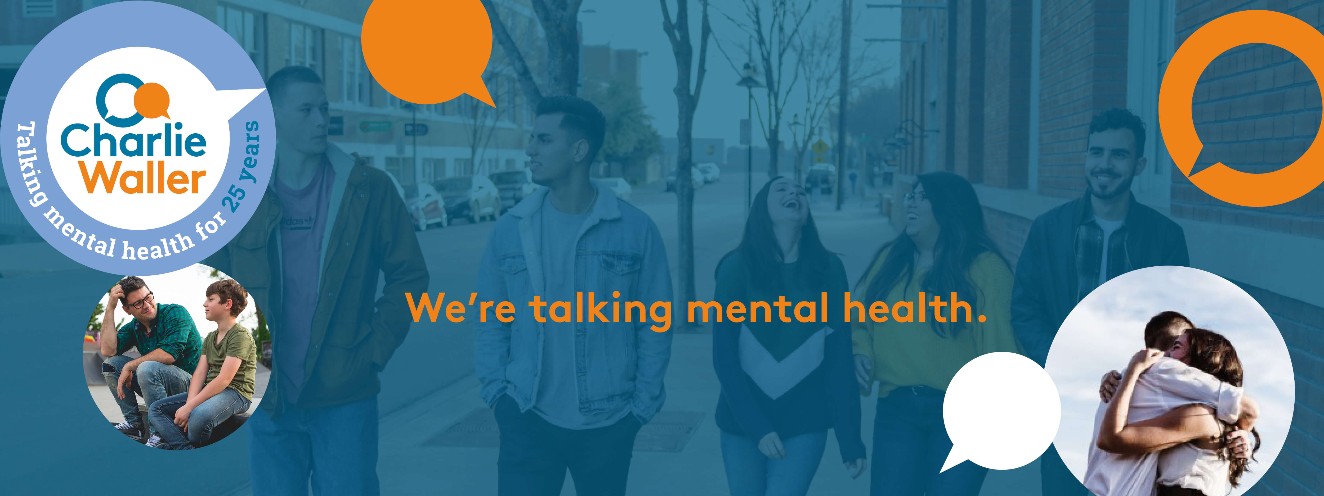 People hugging and talking with blue overlay and orange text that says we;re talking mental health