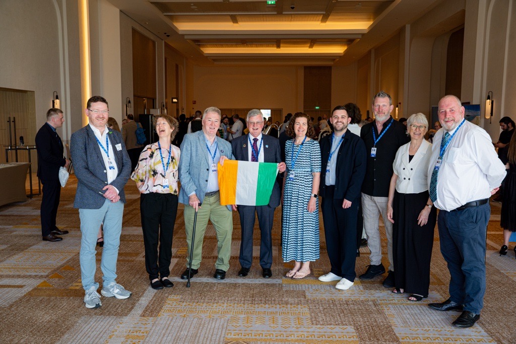 A group of eight people standing together indoors at the European Disability Forum Annual General Assembly in Cyprus, holding an Irish tricolour flag.
