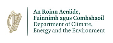 Logo of the Department of Climate, Energy and the Environment (An Roinn Aeráide, Fuinnimh agus Comhshaoil), featuring the Irish harp emblem.
