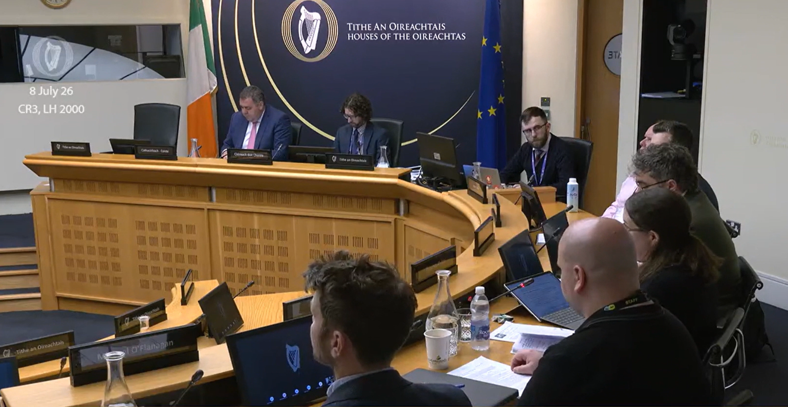 A committee room in the Houses of the Oireachtas. Three people sit at a curved wooden panel bench beneath Irish and EU flags and the Oireachtas harp emblem, with attendees seated facing them. On-screen text reads 