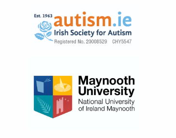 Two logos stacked vertically: autism.ie (Irish Society for Autism, established 1963) above, and Maynooth University (National University of Ireland Maynooth) below.