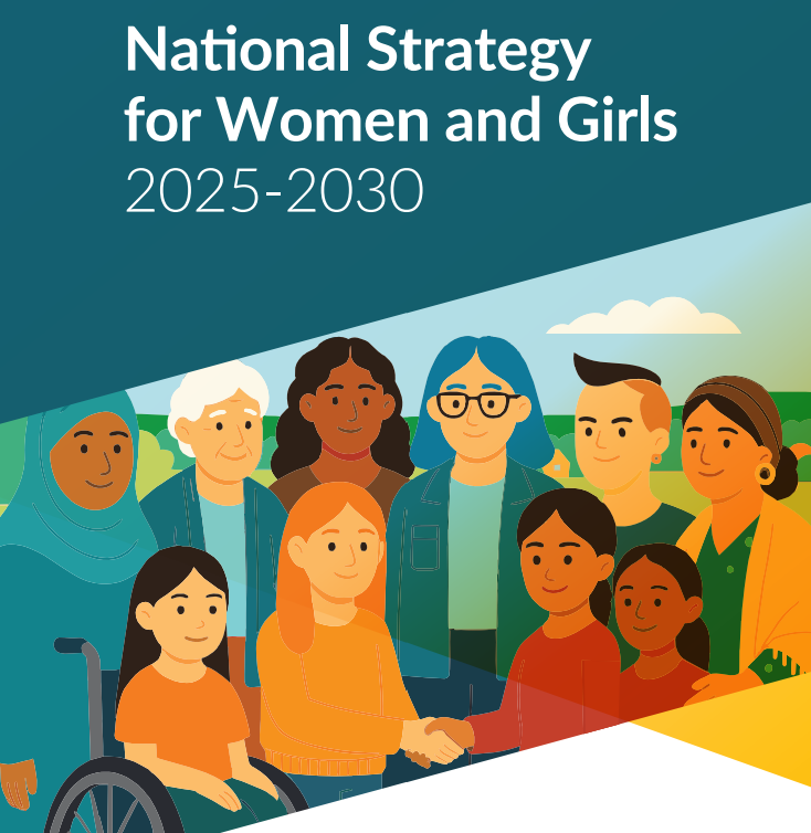 Cover of the National Strategy for Women and Girls 2025–2030, featuring an illustrated group of diverse women and girls of different ages and backgrounds, including a young girl using a wheelchair.
