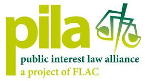 Logo of PILA, the Public Interest Law Alliance, described as a project of FLAC, on a white background. The logo features green and gold lettering with a scales of justice symbol.
