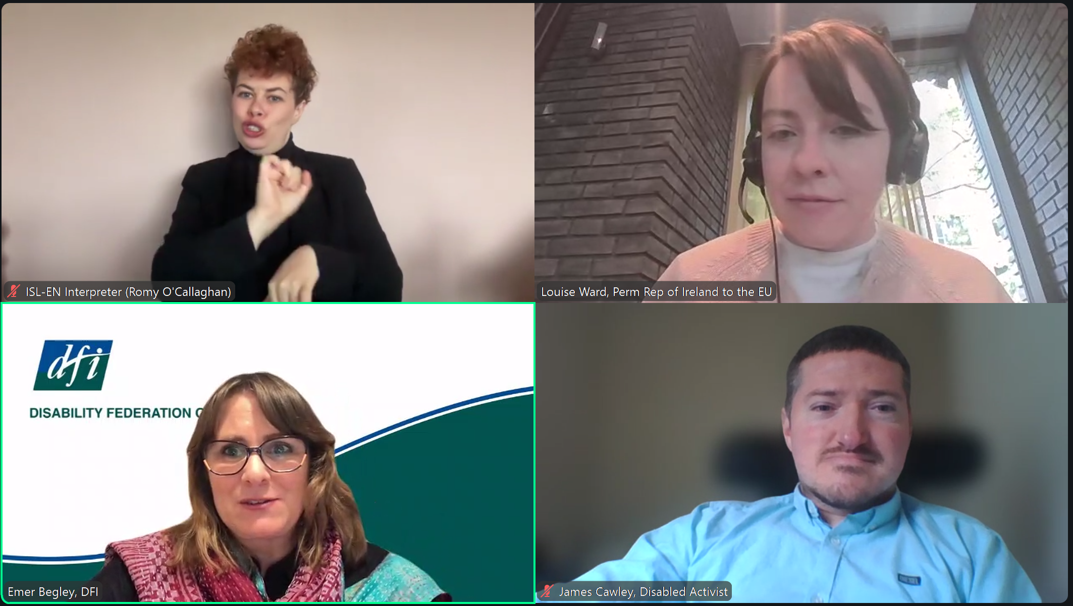 Screenshot of an online video call with four participants: ISL-English interpreter Romy O'Callaghan, Louise Ward (Permanent Representative of Ireland to the EU), Emer Begley from DFI, and disabled activist James Cawley.