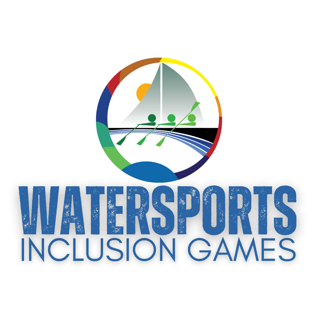 Watersports Inclusion Games logo. A circular emblem divided into colourful segments (orange, red, blue, teal, green, yellow) surrounds an illustration of a sailboat and three paddlers rowing across water at sunset, above a wordmark reading 