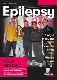 Epilepsy Today magazine cover, featuring five comedians on a stage smiling