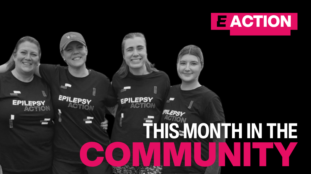 Three women wearing sunglasses smile in a black-and-white promotional image against a black background. The composition shows close-up, overlapping portraits of the women on the left and center. On the right, bold editorial text reads “THIS MONTH IN THE COMMUNITY,” with “COMMUNITY” highlighted in bright pink. In the top-right corner, a pink label contains partially visible branding text reading “E ACTION.”