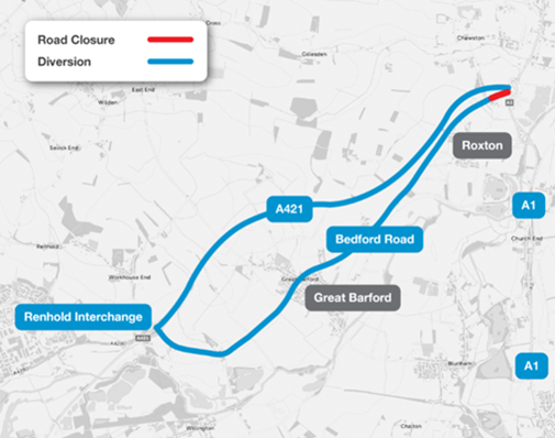 Map of Bedford Road diversion overnight 22-25 September