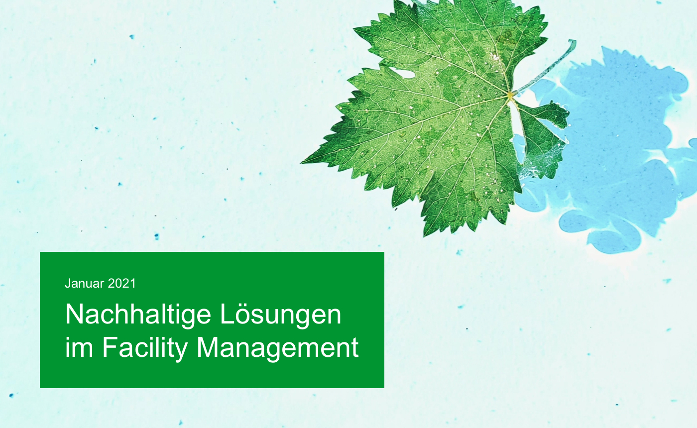 Header image which shows a laboratory and a green box with a headline: Januar 2021, Nachhaltige Lösungen im Facility Management