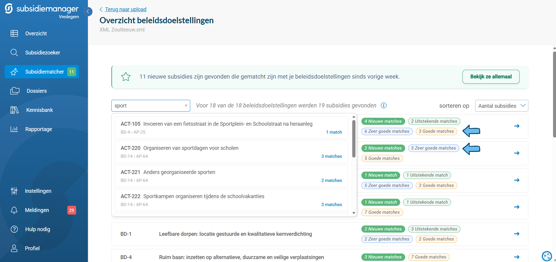 Zoekfunctie naar specifieke acties in Subsidiemanager