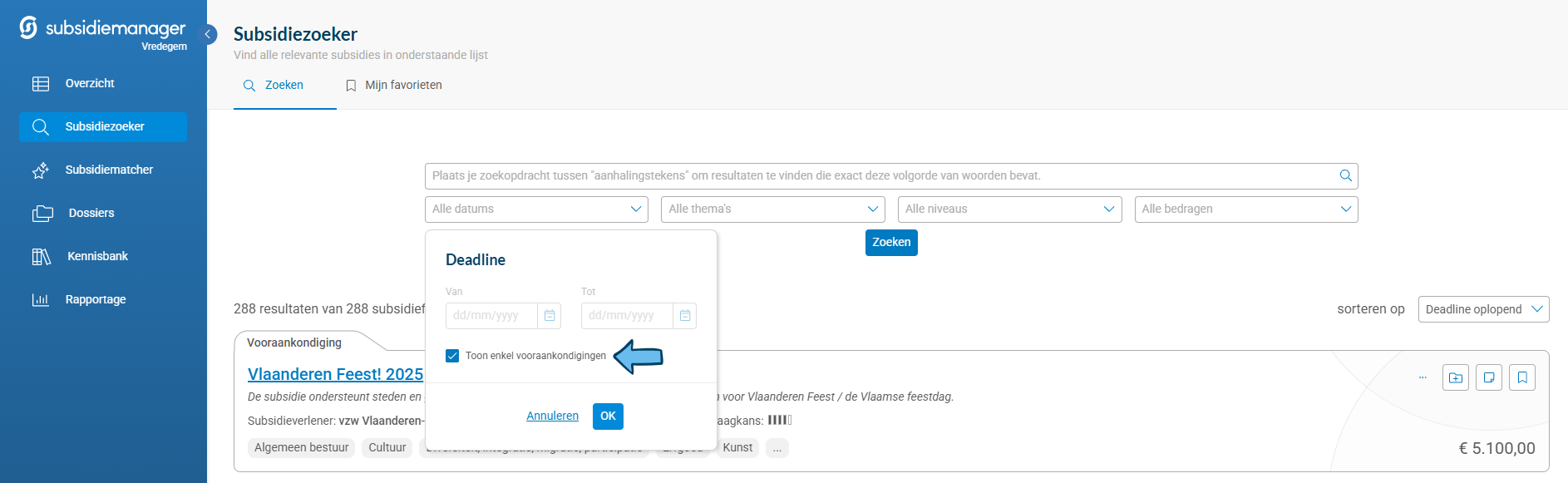 Filteren op vooraankondigingen